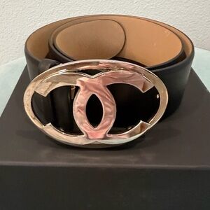 Chanel Black and Tan Belt with Silver and Pink Buckle